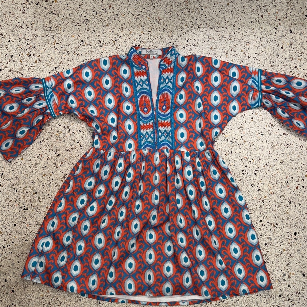 Bella Tu ikat beaded red blue mini dress tunic small s 100% cotton